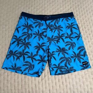 Hurley Mens Board Shorts Palm Tree Print Trunks Blue Men's Size 36 Beach Surf